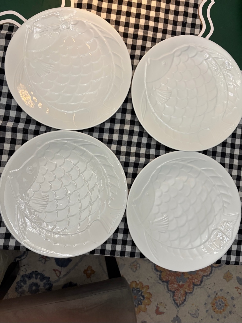 French White Embossed Fish Dinner Plates - Set of 4